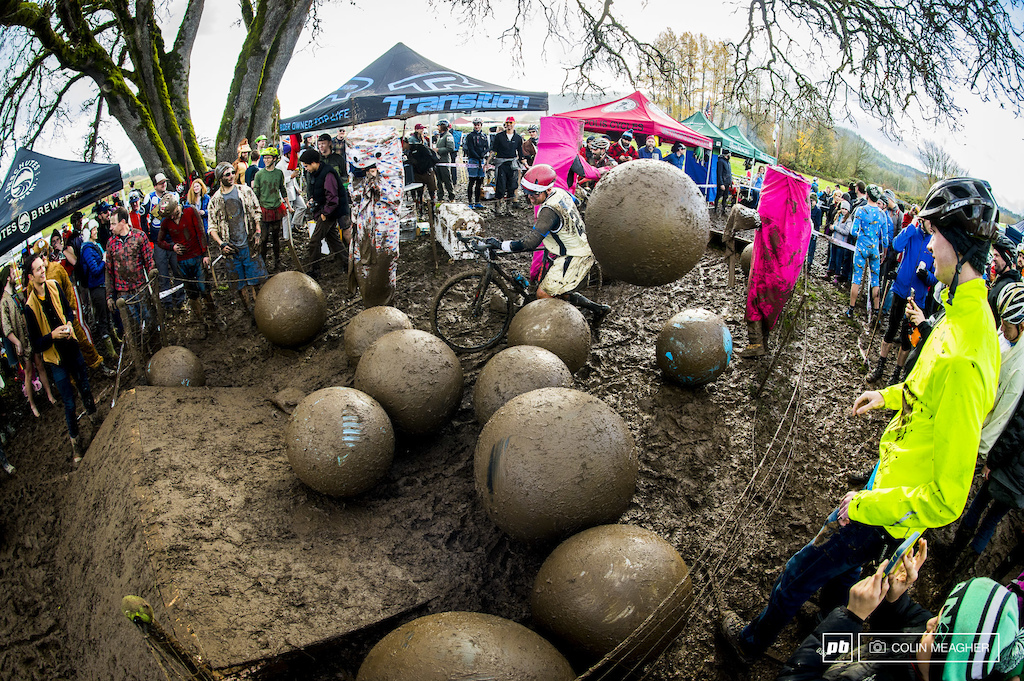 As if a dual slalom track and ankle deep mud weren t enough of a hinderence event organizers added in a battle ball segment.