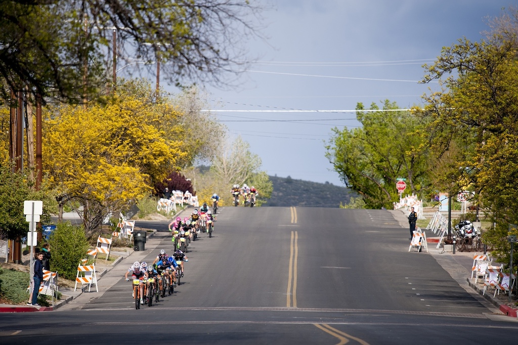 The women make their way speed down a hill during the Fat Tire Crit Friday night.