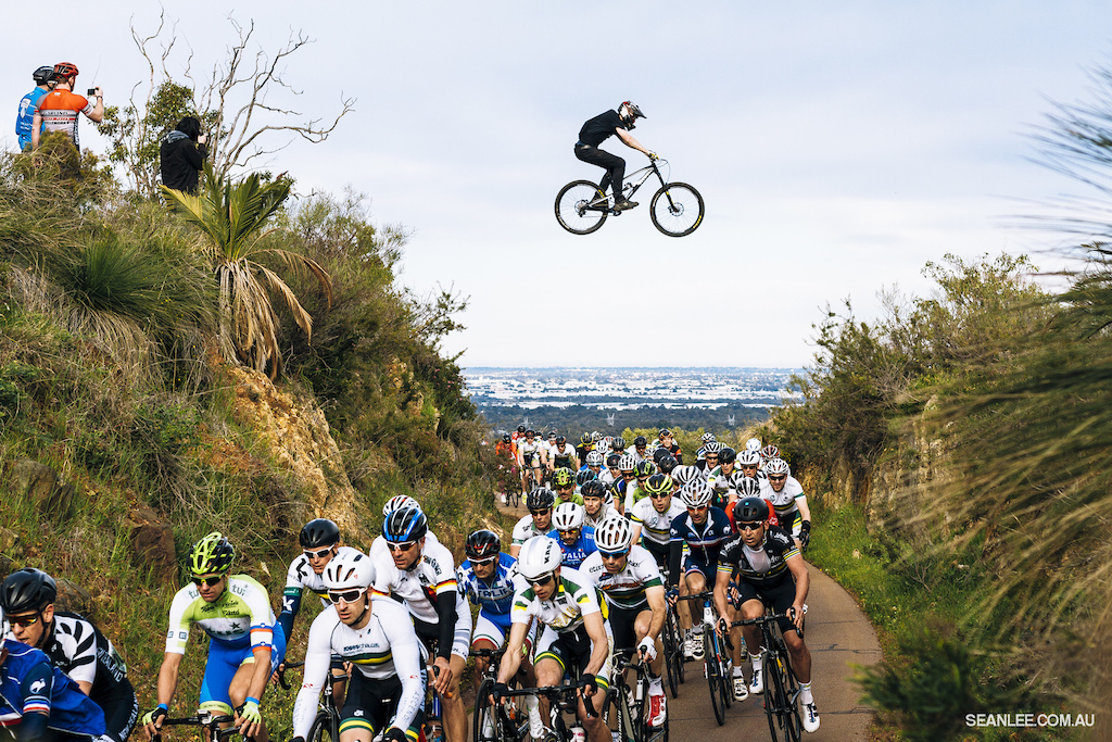 What do you do if the UCI decides to host a road cycling world championships in your home town? Build a jump over the peloton of course! Josh slapped on his McGazza shirt and sent it for Kelly. As featured in Revolution Mag Issue 45.