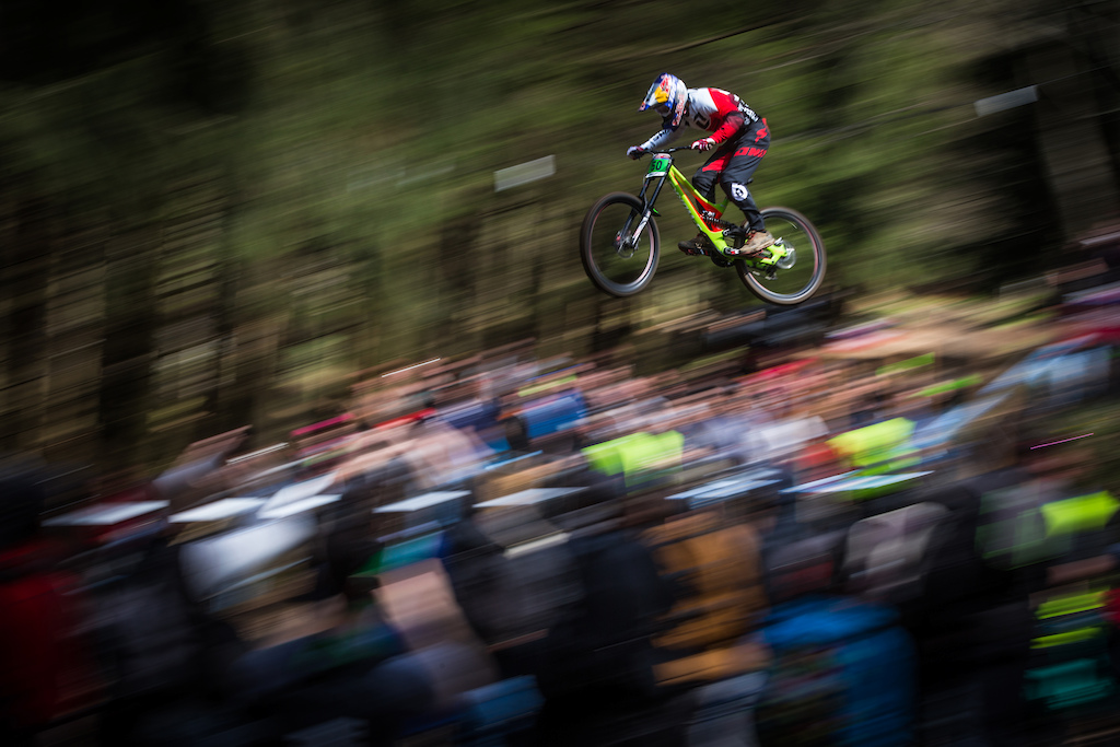 Finn Iles flying over World Cup crowds in Lourdes, France.