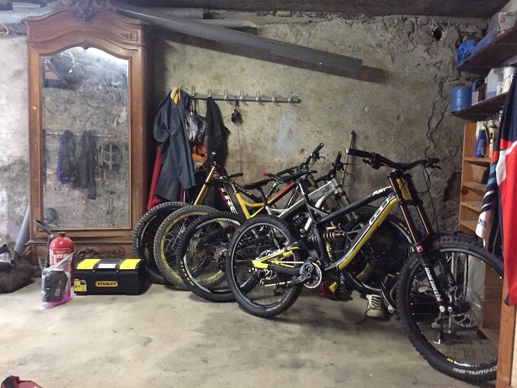 Old garage with bikes in Morzine.