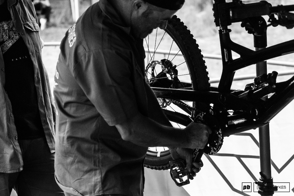 Bill keeping the new YT Racing bikes running smooth and clean.