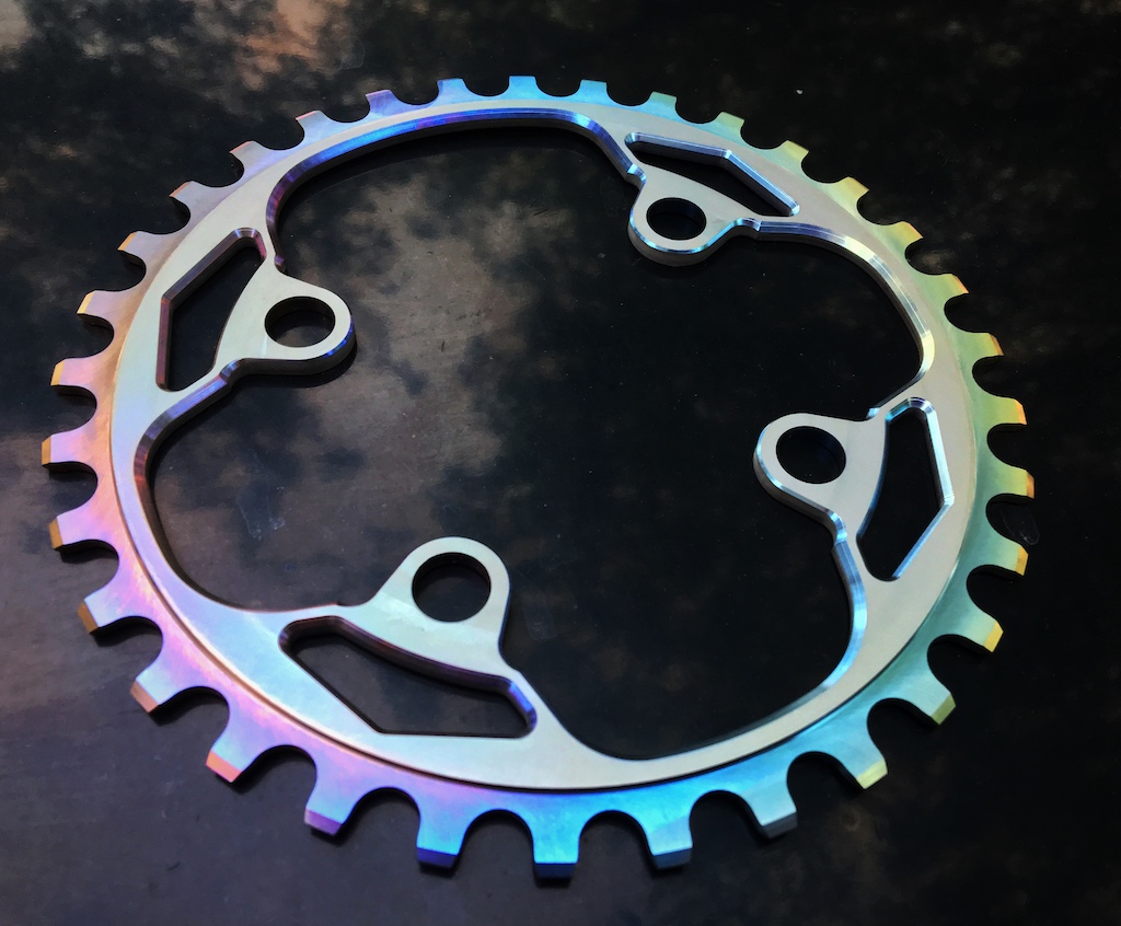 Magical unicorn chainring ????✨????
Probably the only one in the world with this specific config. 
33t Ti chainring with that weird xx1 bolt hole pattern.