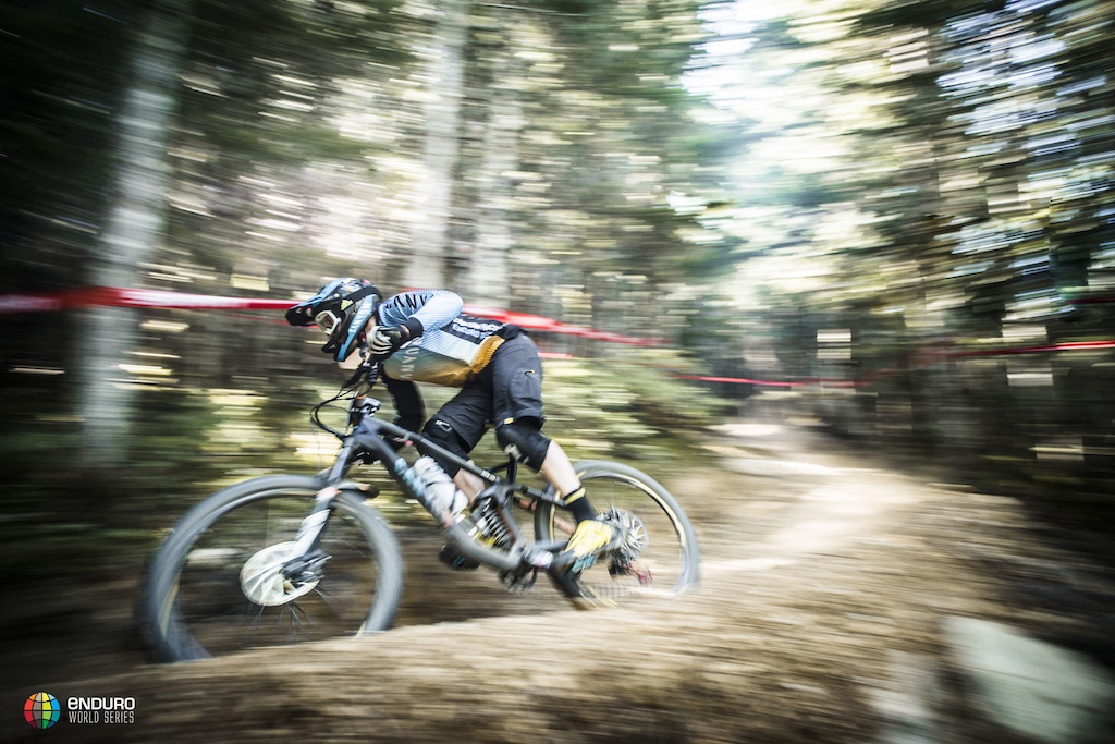 Justin Leov racing the EWS in Whistler in 2016. Photo by Duncan Philpott.