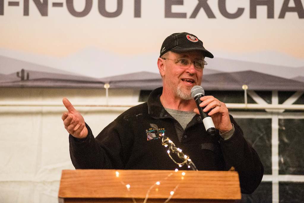 Laird Knight, the father of 24 hour mountain bike racing, speaks during a dedication dinner in his honor Friday night. Each year Epic Rides honors a individual who has made a significant contribution to the sport.