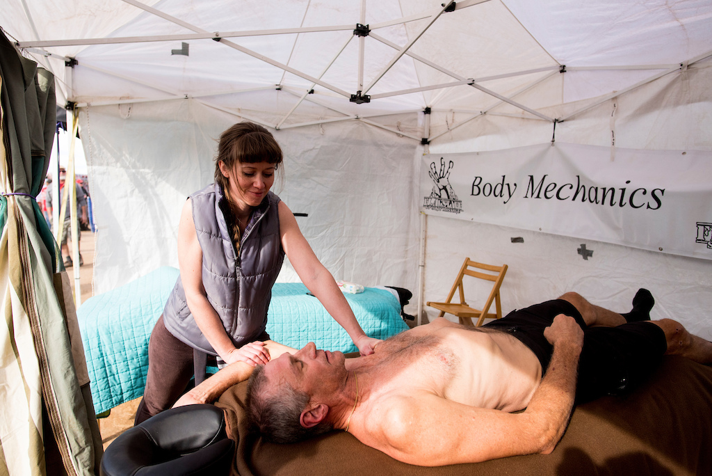 A racers gets a massage at the Bike Expo Friday.