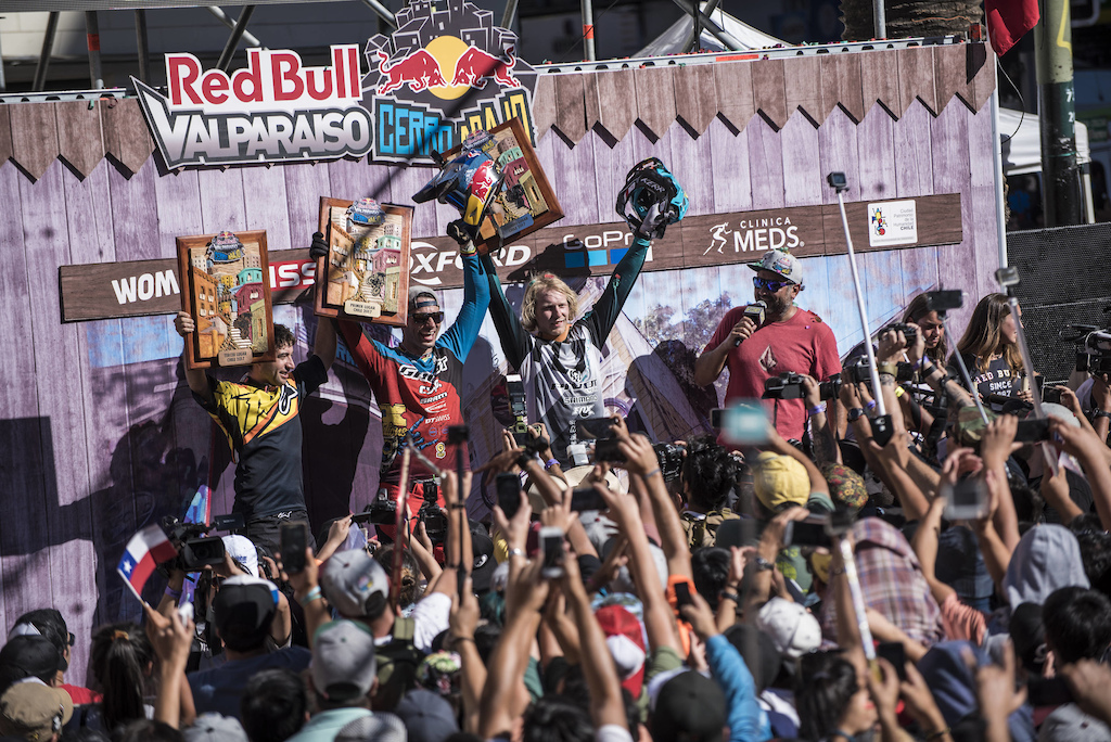 Pedro Ferreira Thomas Slavik and Bernard Kerr celebrates during Red Bull Valparaiso Cerro Abajo in Valparaiso Chile on February 19 2017 Nicolas Gantz Red Bull Content Pool P-20170220-00243 Usage for editorial use only Please go to www.redbullcontentpool.com for further information. 
