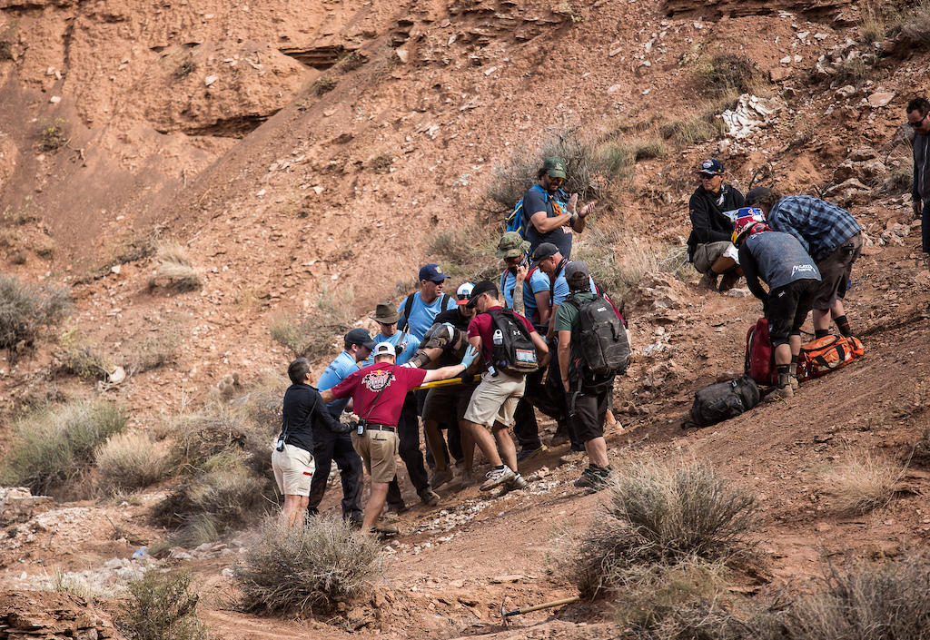 Aggy being evacuated after his nasty crash at the '16 Rampage