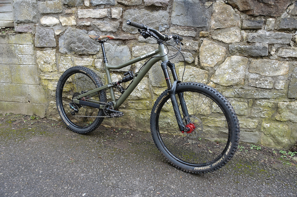 Custom On-One Codeine powdercoated in Nato Green. Here's the specs: - Size M 27.5 alu frame with custom NATO green powdercoat - 160mm Rockshox Pikes - RockShox Monarch Plus RC3 DebonAir (150mm rear travel) - SRAM 11 speed X01/X1 Drivetrain - MRP AMg V2 chain device &amp; bashguard - Rockshox Reverb post - Hope F20 pedals - Hope BB - Guide RSC brakes - Stans Flow MK3 rims on Hope Pro4 hubs - Schwalbe MM front /HD rear tyres (tubeless) - Raceface 30t direct mount chainring - Renthal Fatbar Carbon - Thompson Elite X4 50mm stem - ODI Xtreme grips - Mudguardz carbon fender - Charge Spoon saddle in camo