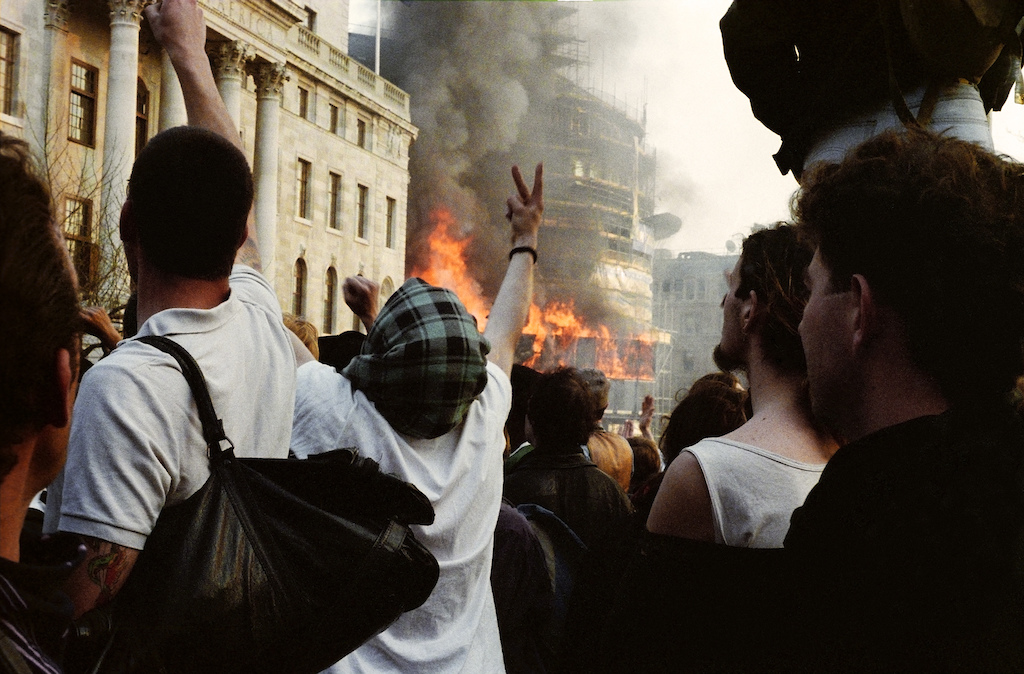South African embassy on fire during the 1991 poll tax demonstration.
