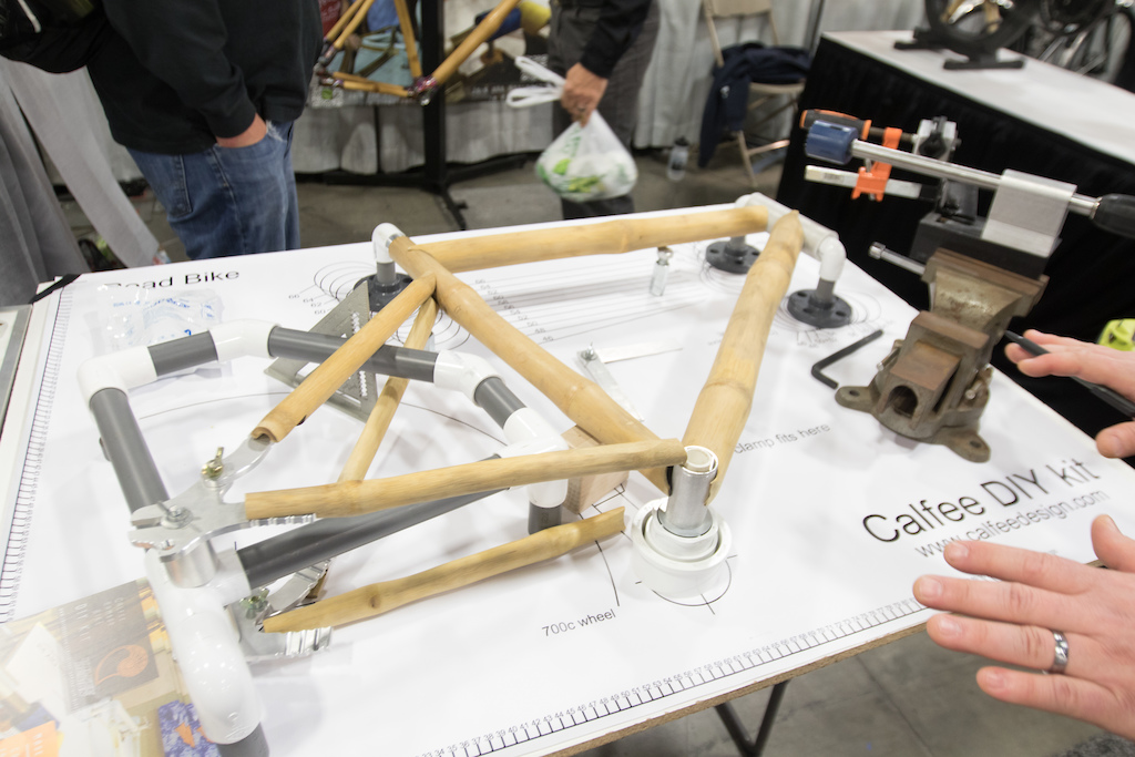 Calfee had a number of bamboo bikes but this DIY kit they offer was kind of interesting. For 600 bucks you can get the parts and jig to build the bike frame. Using casting tape to bond the joints. For 300 you can buy the parts and rent the jig. Might be a fun project for the kiddos to build their own bike.
