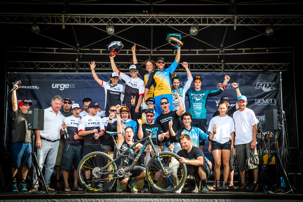 In Memoriam - Team podium during Enduro World Series round 4, Samoens, France, 2015. Photo by Matt Wragg.