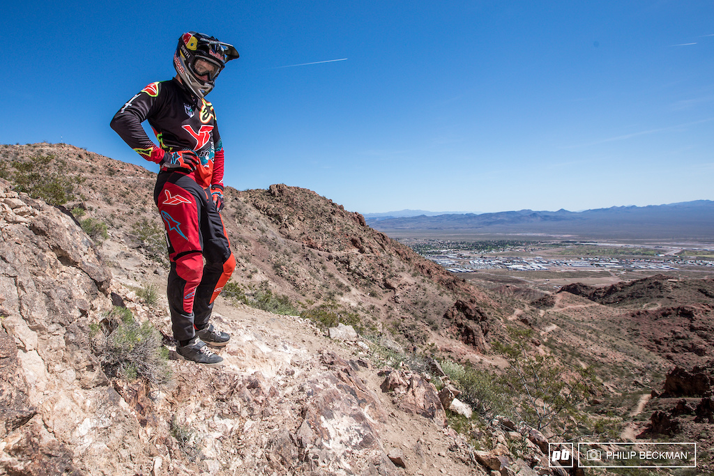 World Cup champ Aaron Gwin (YT Industries) surveys the top of the trail. Even though he rode his first downhill bike here and has made regular appearances over the years, he had not yet ridden this section of Armageddon.
