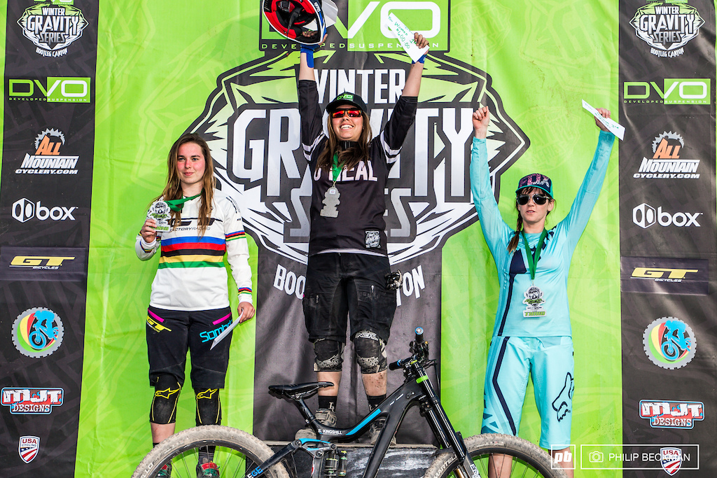 Your Pro Women’s Reaper Madness podium, featuring (l-r): Alessia Missiaggia (GT Bicycles), Samantha Kingshill (College Cyclery/Truckerco), and Amanda Wentz (Transition/Gamut/Fox).
