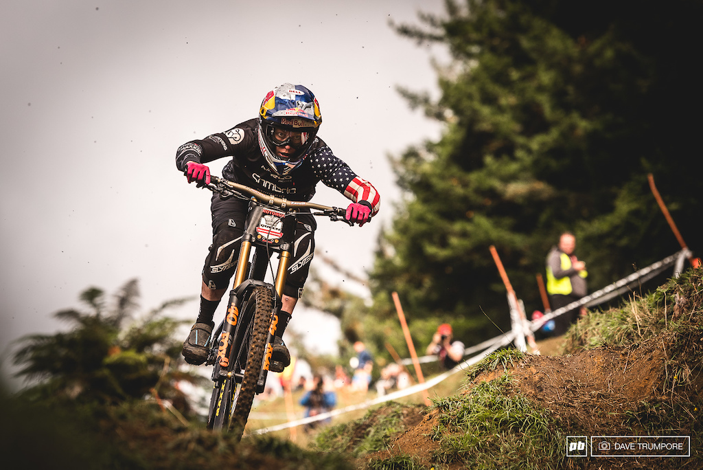 The Queen of Crankworx, Jill Kinner, dropping into the finish arena.