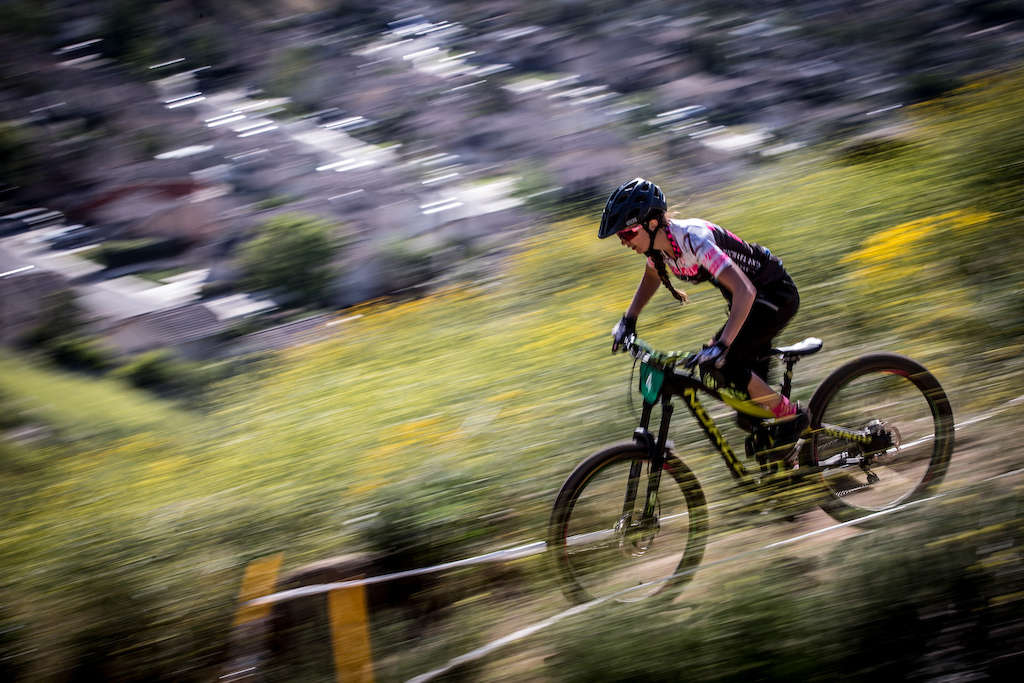 Christine Eikmeier streaks down stage three on her way to 1st place in the Pro Women's Enduro Category Saturday.