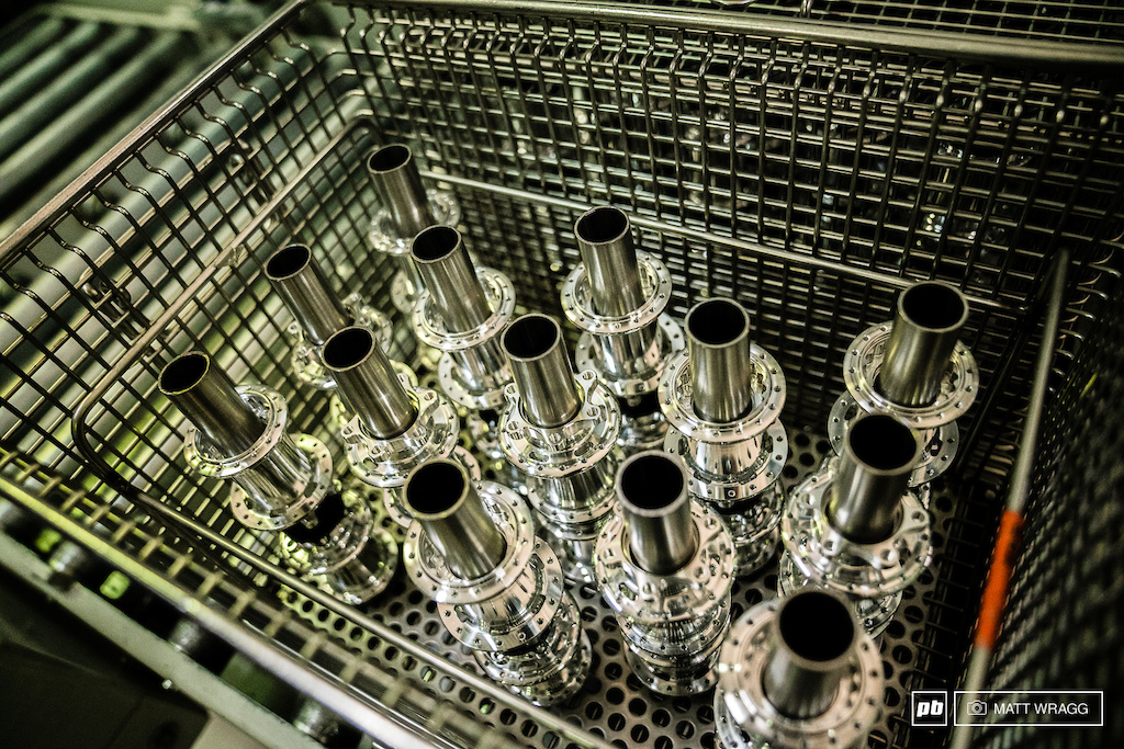 Freshly machined hubs, ready to be sent to the anodiser. Like almost every company, Acros don't anodise their productds in-house, but send them to a local supplier.