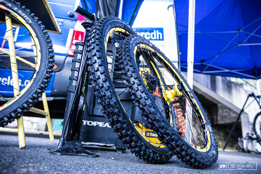 Fresh Schwalbe Addix rubber lined up in the Nukeproof pits.