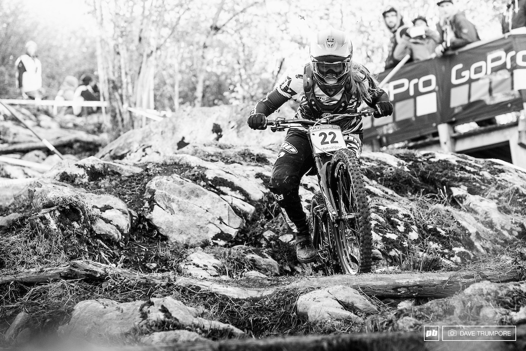 Vaea Verbeek muscles through the big rock garden at the top of the track.