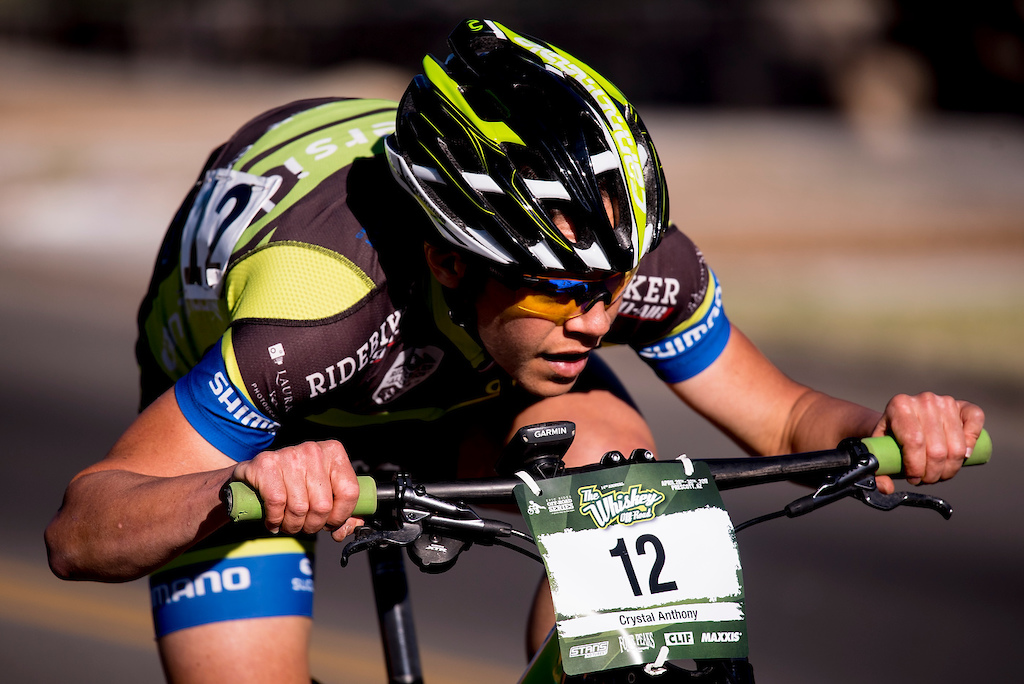 Crystal Anthony tucks in deep during the pro women's Fat Tire Criterium.