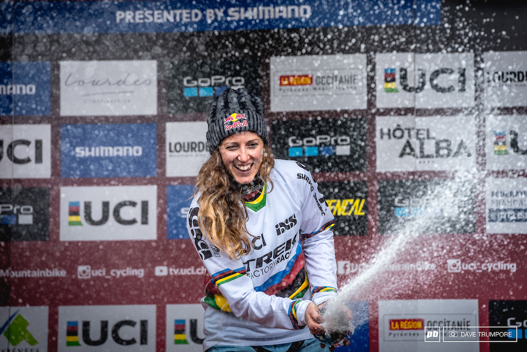 The only rain the women saw today was that of Rachel Atherton s champagne.