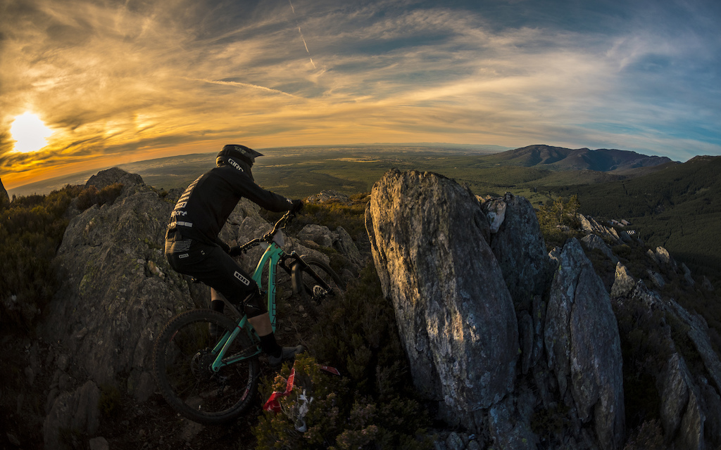 Fernando Marcos illuminated by the last lights of the day through the second timed secction at the 2017 edition of Red Bull Holy Bike in La Pinilla Bike Park , Spain on May 20, 2017