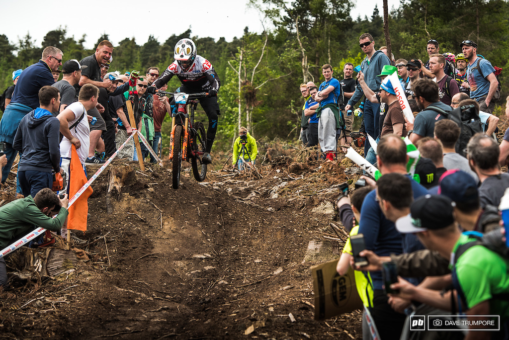 Florian Nicolai storms down the Irish hillside packed to capacity with race fans.