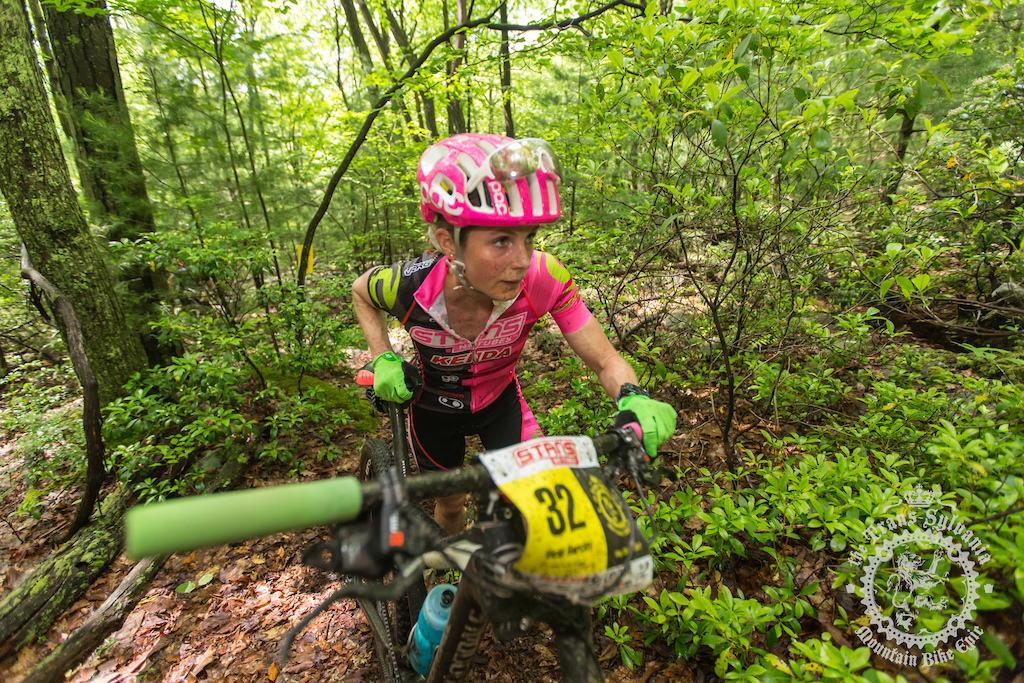With too much traffic around her, Vicki Barclay (NoTubes/Kenda) had to dismount and run up the Otter Gap climb on the final stage of the 2017 NoTubes Trans-Sylvania Epic.