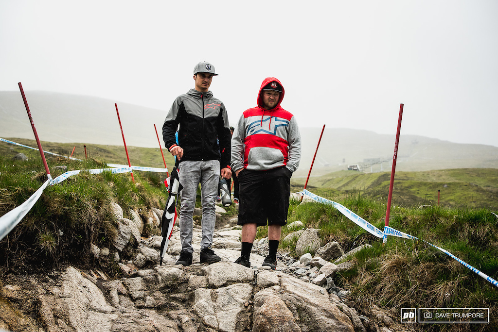 The Corl Cup leader Alex Fayolle and his mechanic Hugues discussing line options through the mine field of rocks.