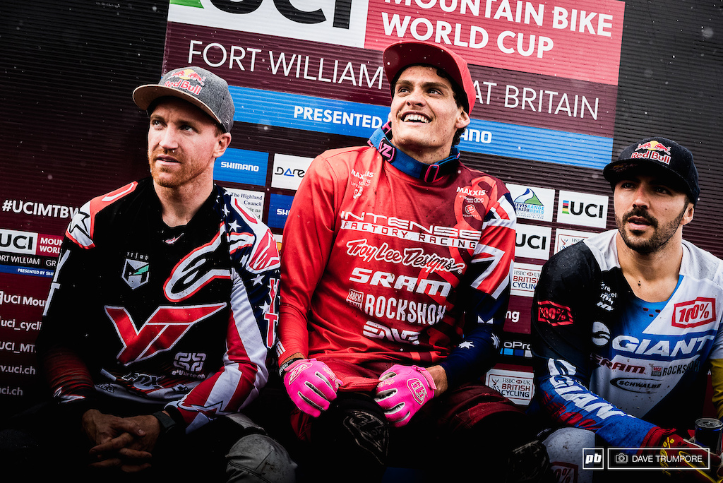 Jack Moir, Aaron Gwin and Marcelo Gutierrez wait patiently, nervously and entusiasticly as Greg Minaar's (faster) spit times tick in.