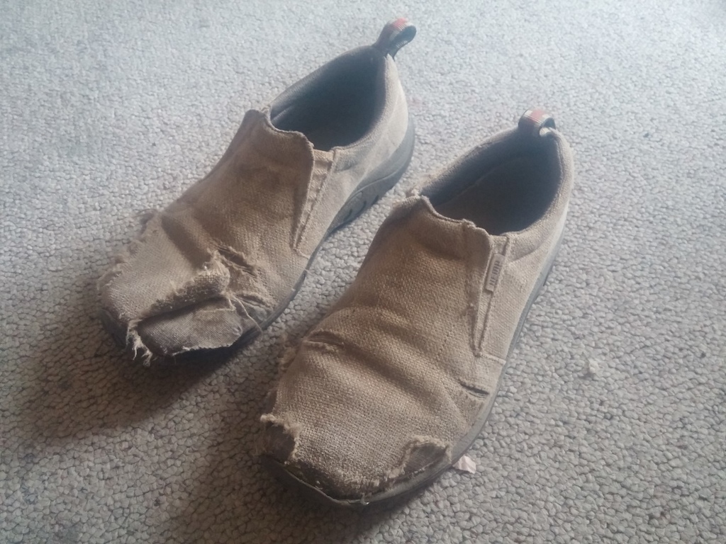 Finally time to retire these tried and true hemp Merrells. They may have been ugly but they were so comfortable and had crazy grip.  I hate to say it but they had better grip than my new Adidas Terrex with Stealth rubber.  I'm hoping my new ones grip will increase as they break in.