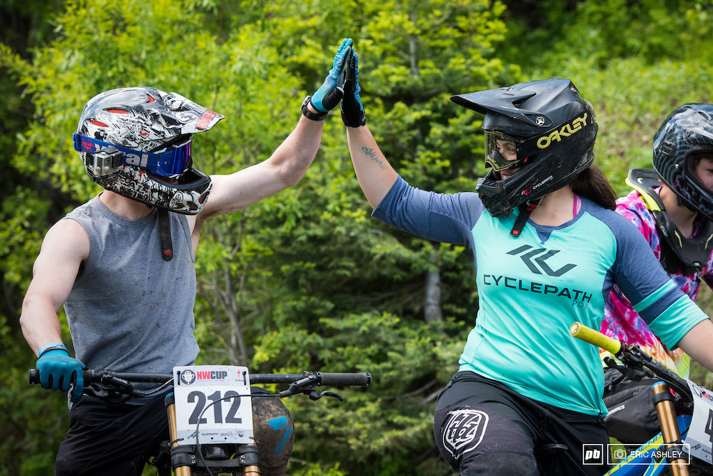 Kerstin Holster Pro Women and Anthony Marsicano Cat 1 Men 19-29 celebrate a fun singletrack rip.