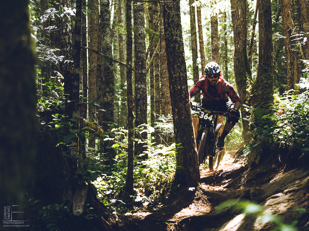 Biker riding through trees in cumberland