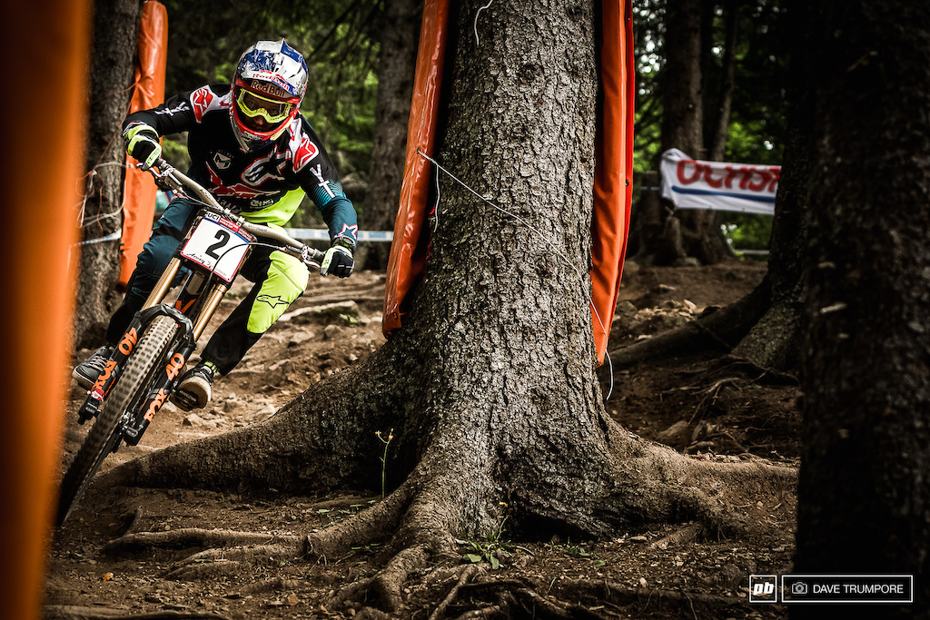 Full gas and no brakes even through the narrowest of tree sections is one of the may reasons Aaron Gwin is on top of the leader board right now. With the top three less than two seconds apart, tomorrow's final is going to be a nail-biter.