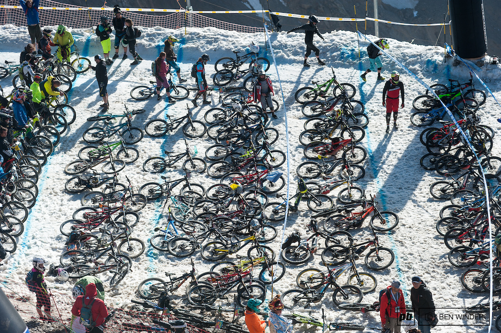 Bikes piled on top of bikes.