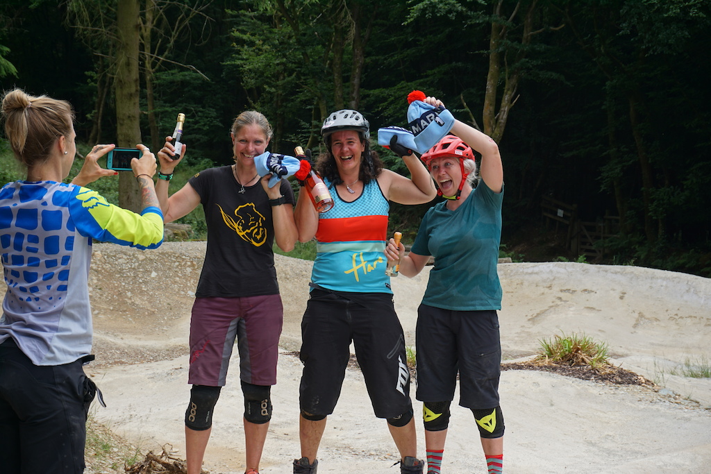 Champagne and bobble hat winners from the pump track challenge