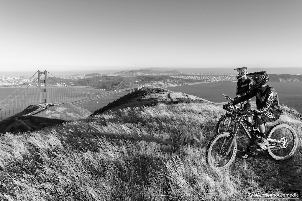 Definitely one of the most noticeable landmarks in the state of California, if not the whole country. However, I was baffled to find no images with bikes that truly capture the mood or scale. With some friends, I scouted out a location and happened upon some fast single track. The usual Bay Area fog held off just long enough to grab a perfect sunset. Riders: @DH-Racer-GC  (back), @andrewdoud (front)
