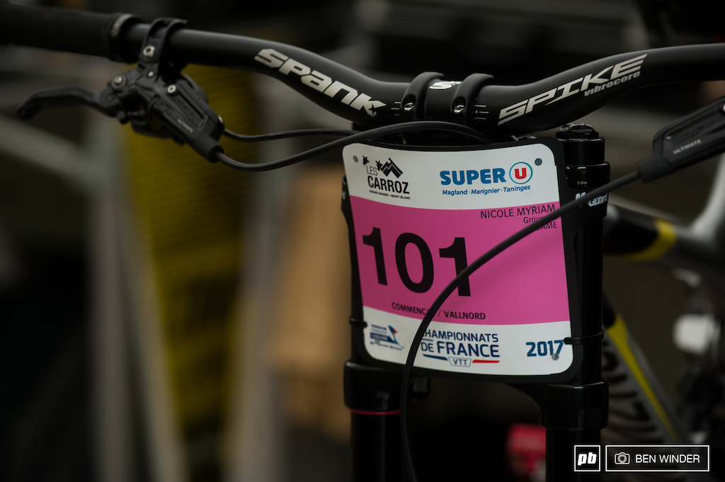 Two number one plates for the Commencal team, Myriam Nicole and Thibaut Ruffin.