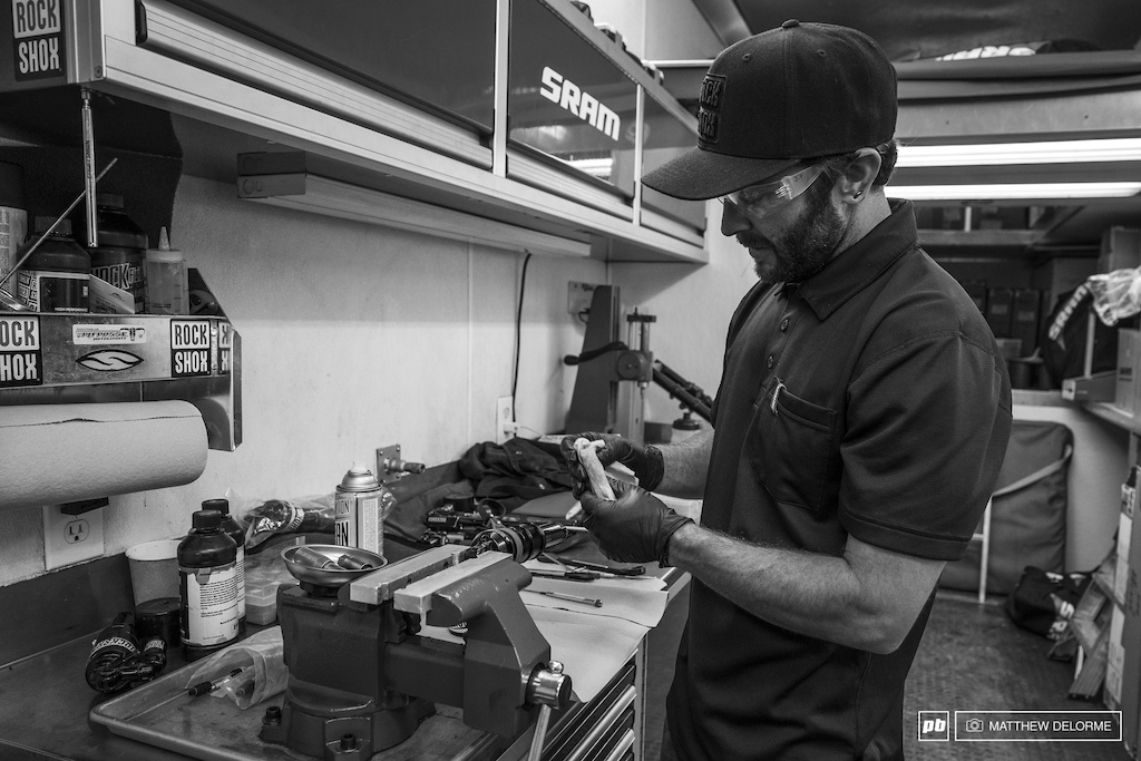 Justin Frey getting suspension dialed in the SRAM pits.