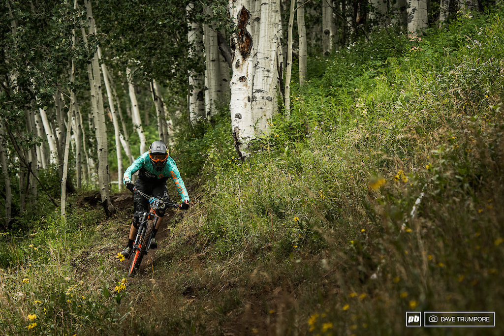 Remy Abalone leaves the aspens behind and pins it across one of the many high speed traverses on stage 2.