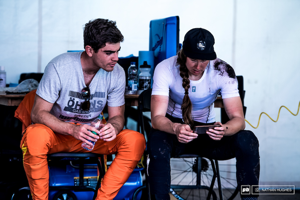 Loic and Miranda check some clips after a spill for the Canadian champ during the morning session.