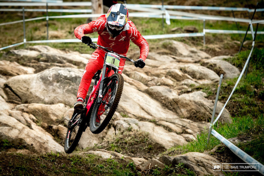 Finn Iles full of aggression though the gnarliest section of track.