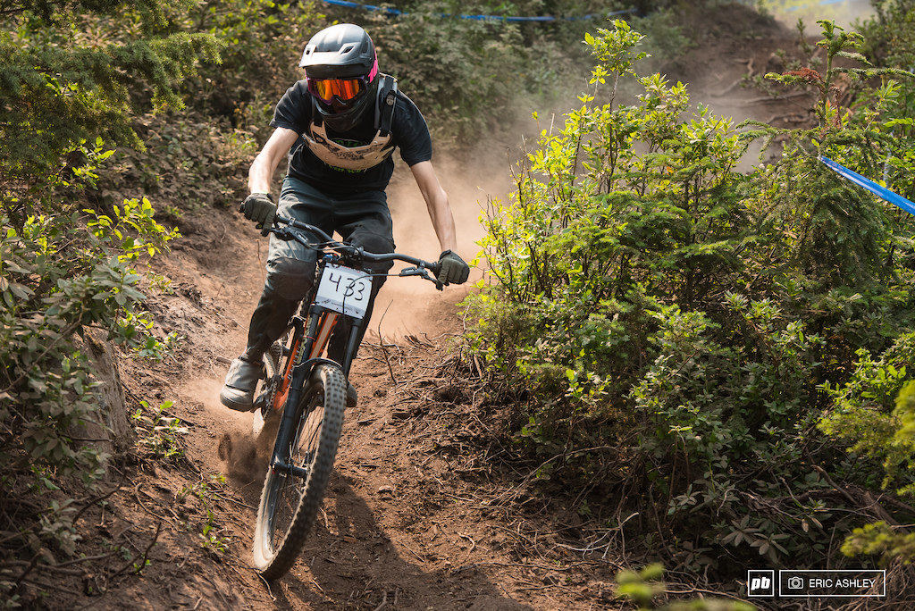 Layton Meyers traded in his enduro bike for the weekend and laid down some fast times on his downhill bike to seed second Cat 1 Men 0-18 .