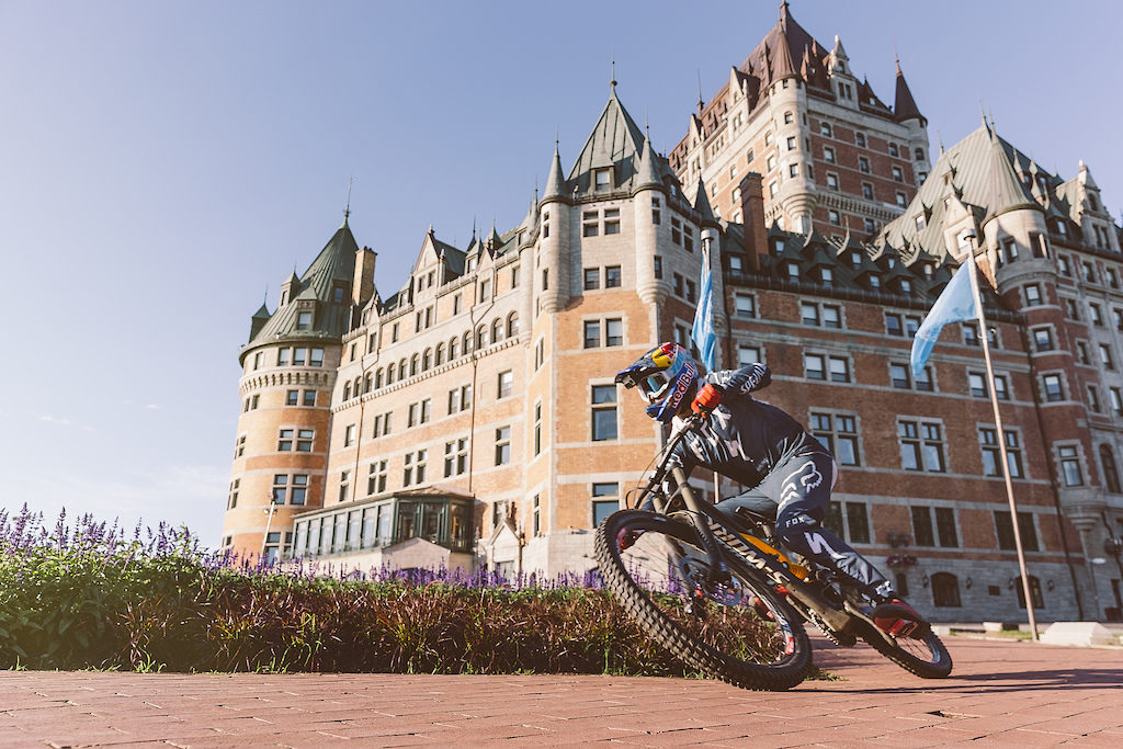Finn Isles races his downhill mountain bike through the city during the making of Red Bull Purest Line in Quebec City, Canada on July 22, 2017.