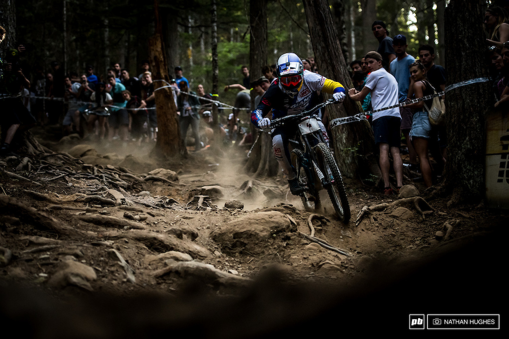 Crankworx killer, Marcello Gutierrez, headed for 7th across the grizzly roots.