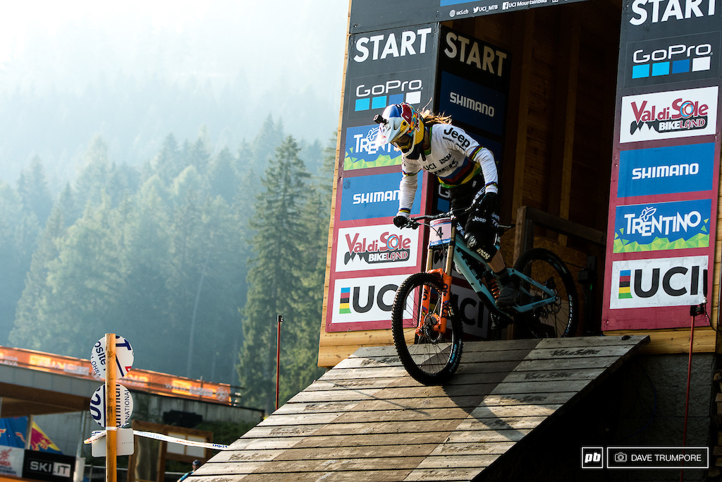 Rachel Atherton rolls out of the start gate for the final WC race of the season.