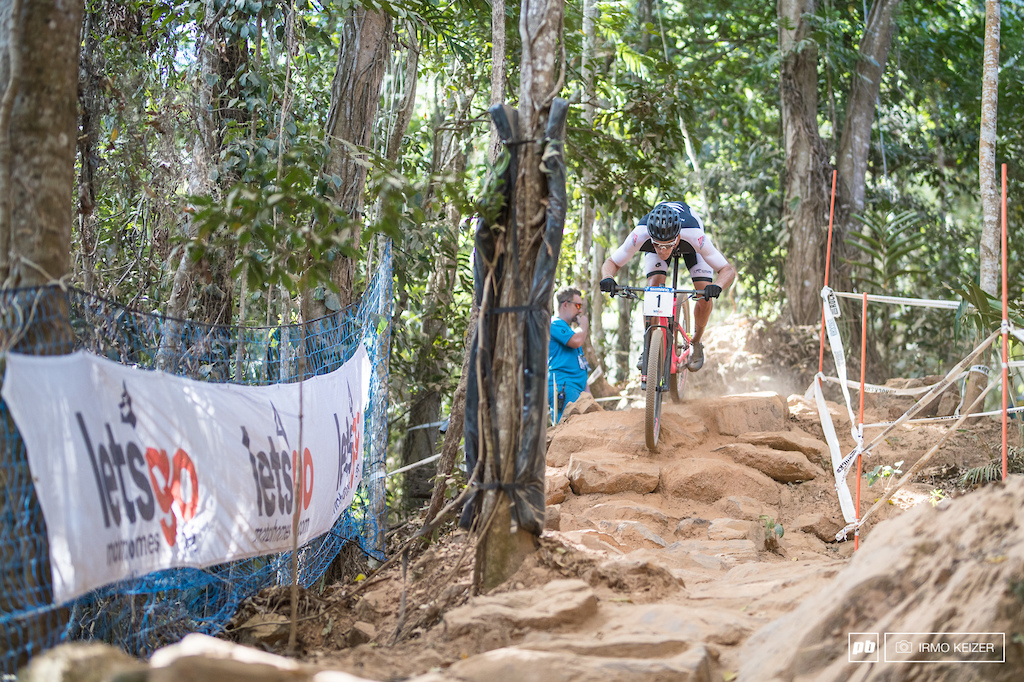 Sam Gaze blazed off towards the front, racing into one of the more trickier sections of the course, Jacob's ladder.