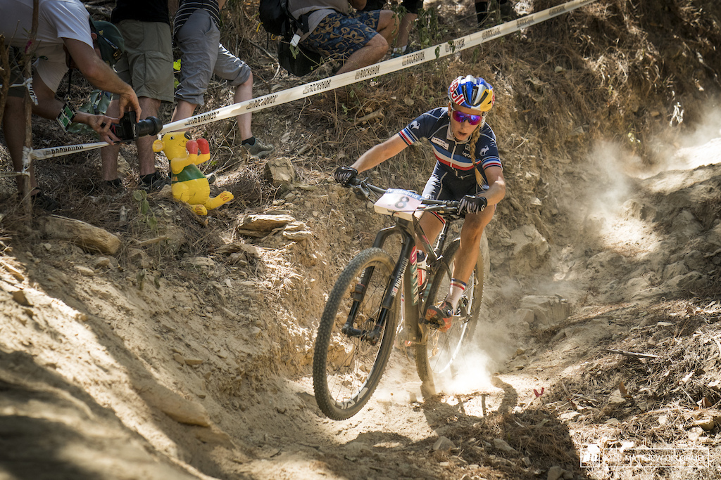Prevot charging hard down the the water fall.