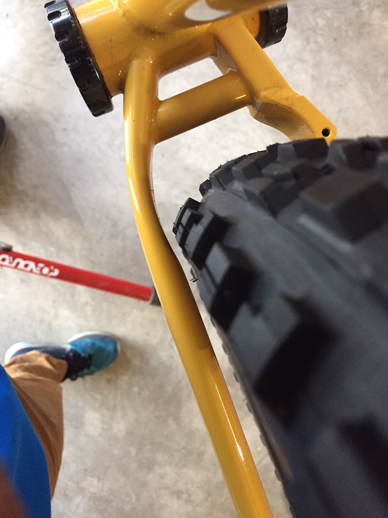 Rear tire clearance for:

Tire - Maxxis Minion DHF 27.5x2.8
Rim - inner width 30mm
Frame - 2016 Chromag Surface Small