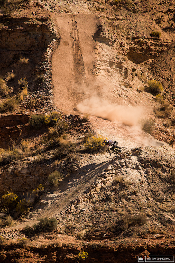 I overheard this turn being called the most consequential berm in mountain bike history since blowing off it would mean a tumble over a 100 cliff. Semenuk s crew sculpted it perfectly for success.